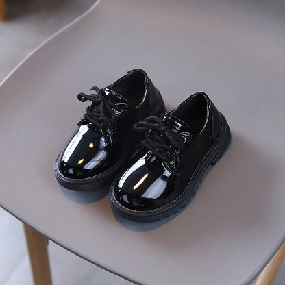 Spring Autumn Kids Shoes Solid Black Children's Fashion Casual Kids Shiny PU Little Boy Leather Shoes Toddler Lace-up Mary Janes
