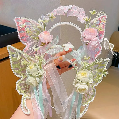 Fresh Sweet Butterfly Flowers Hairband Pearl Beads Silk Ribbon Floral Headwear Fairy Hair Jewelry Decorative Headwear Women Wear