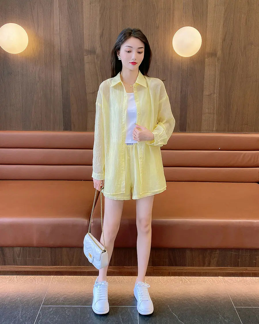 Spring and Summer Sun Protection Women's Set Stylish Loose Shirt Shorts High-end Elegant Women's Three Piece Set