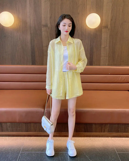Spring and Summer Sun Protection Women's Set Stylish Loose Shirt Shorts High-end Elegant Women's Three Piece Set