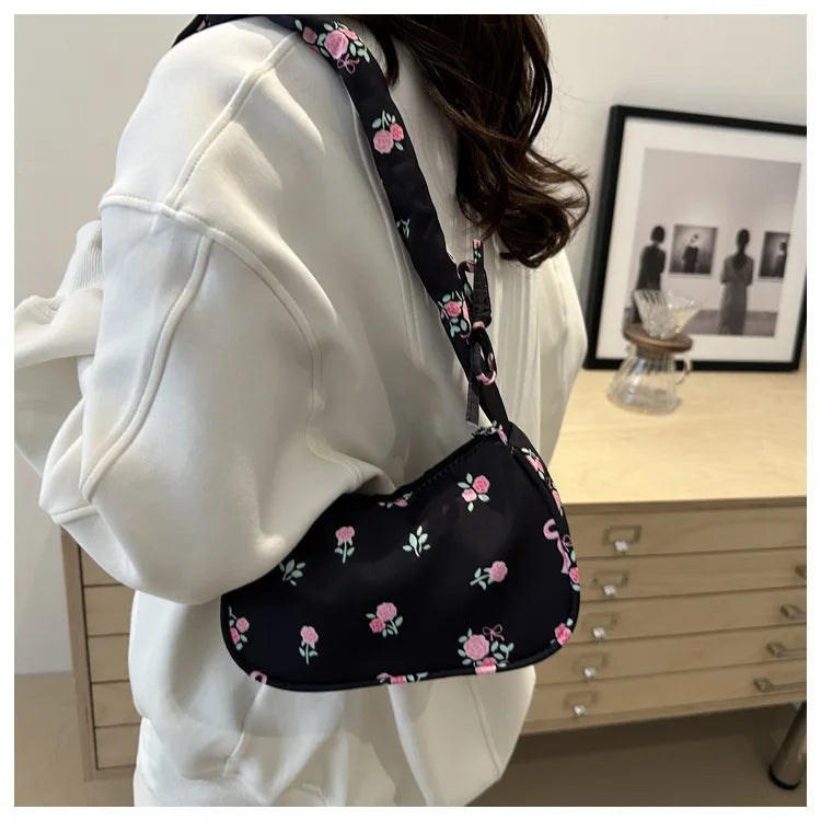 Women's Bags  Summer Nylon Pleated Handbags Armpit Bag Korean Floral Bow Printed Zipper Tote Bag Female Small Shoulder Bags
