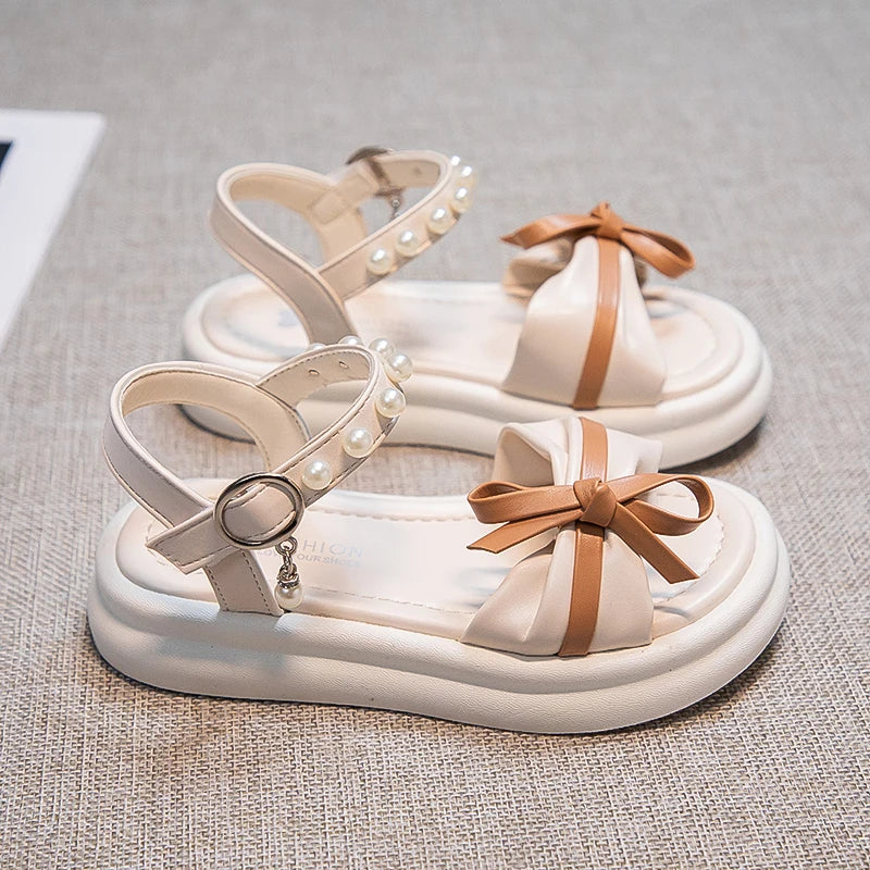 Girls Sweet Princess Sandals Soft Bottom Children Summer Beach Shoes Non-Slip Soft Sole Kids Flats Beading Sandals with Bow-knot