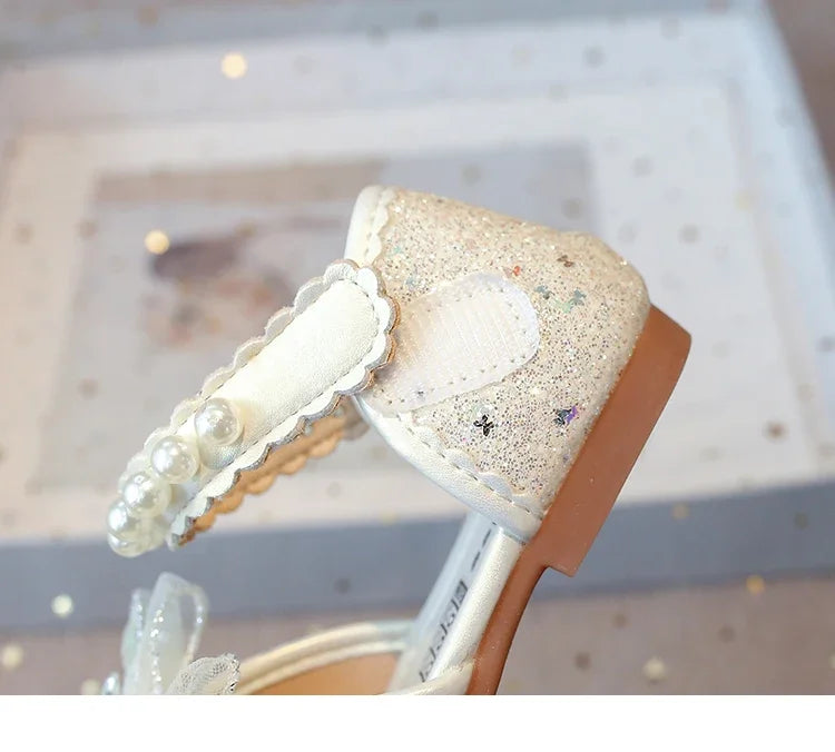 Girls Dress Shoes for Wedding Party Bling Sequins with Rhinestone Butterfly Sweet Princess Chic Kids Flat Shoes Lace Beaded