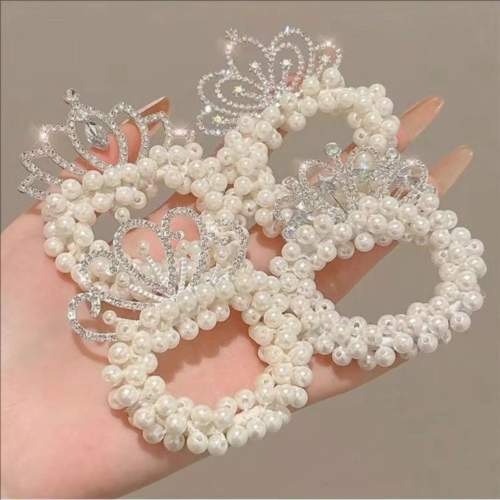 Fashion Pearl Crown Princess Cute Kids Hair Bands Elastic Rubber Bands