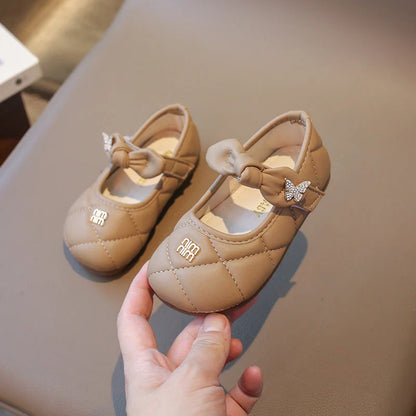 Girls Leather Shoes 1-6 Years Old Beige Rhinestone Bow Performance Princess Shoes Khaki Soft Bottom with Children's Single Shoes
