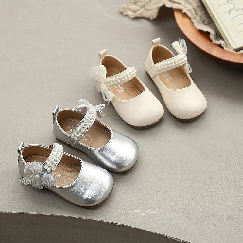 New Spring Autumn Kids Leather Shoes Side Bowknot Little Girls Dress Flat Shoes Elegant Children Princess Ballet Shoes for Party