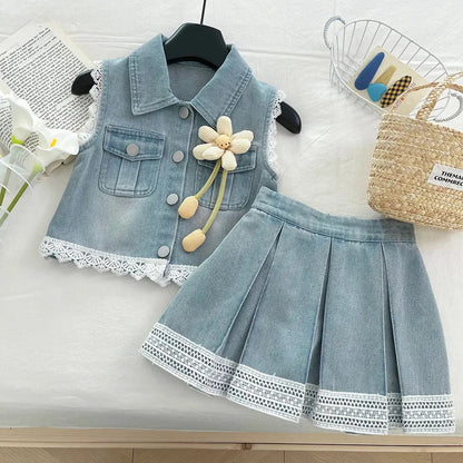 New Baby Girl Summer Denim Set, Children's Lace Splicing Top and Skirt Set