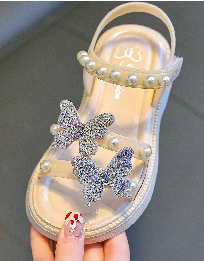Kids' Sandals PU Leather Sequin Peep Toe Summer Outdoor Flat Shoes For Girls Breathable Anti-slip White Purple Pink