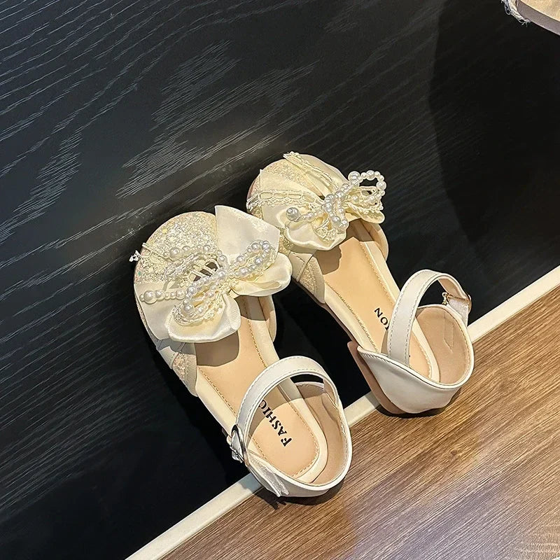 Children's Summer Sandals Toddlers Catwalk Versatile Princess Girl Shoe Summer Beading Bowknot Kids Fashion Dress Flat Sandals