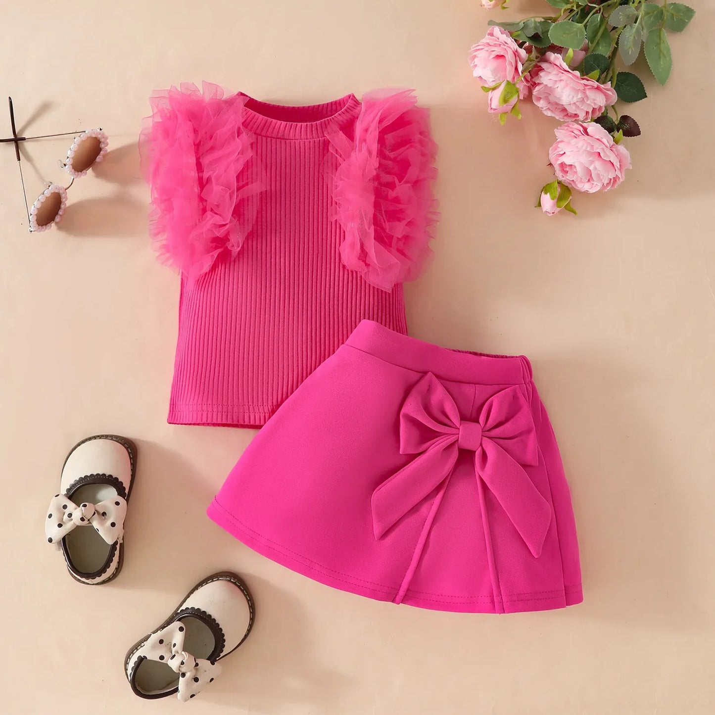 2Pcs Toddler Baby Girl Clothes Outfit Bubble Sleeve Patchwork Ruffle Top+Solid Color Flared Pants Fashion Set Fit 0-3 Years Set