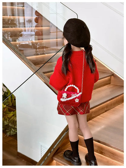 Sweet Bow Children's Small Square Shoulder Bag Sequin Lace Princess Girls Crossbody Bags Pearl Handle Coin Purse Handbags Gifts