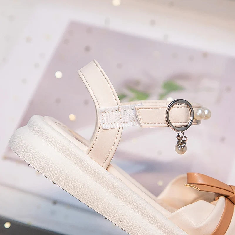 Girls Sweet Princess Sandals Soft Bottom Children Summer Beach Shoes Non-Slip Soft Sole Kids Flats Beading Sandals with Bow-knot