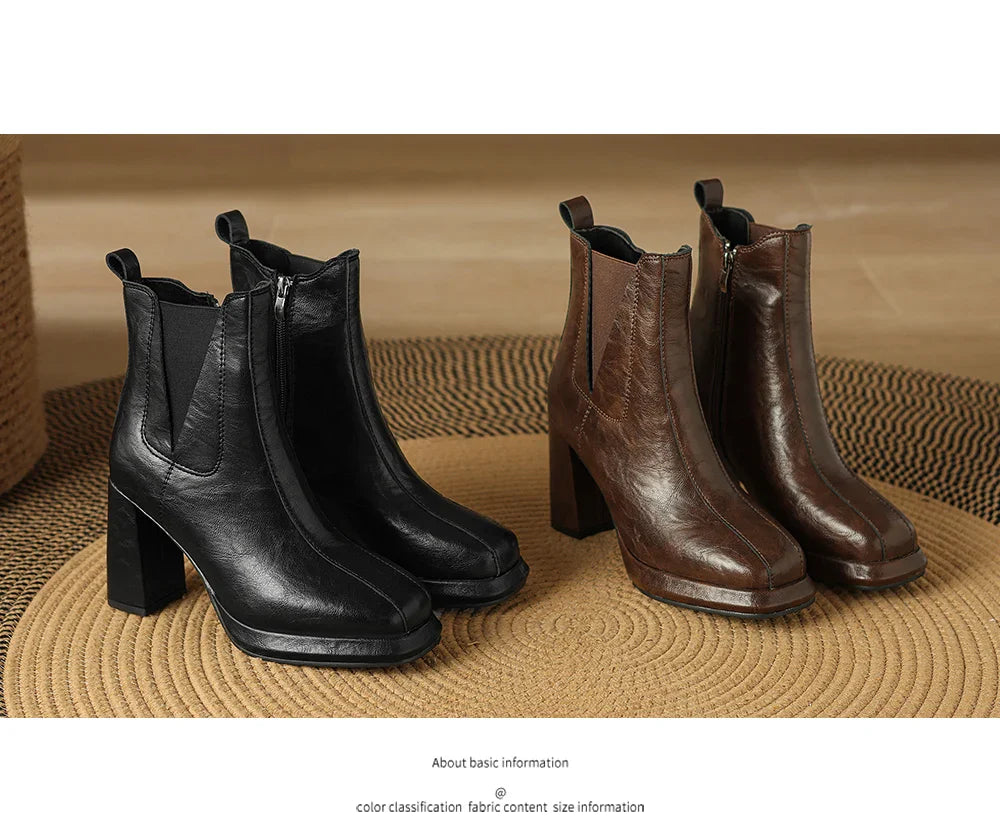 Autumn/Winter Women Boots Round Toe High Heel Shoes for Women Leather Boots Women Handemade Shoes Ankle Boots Ladies Shoes