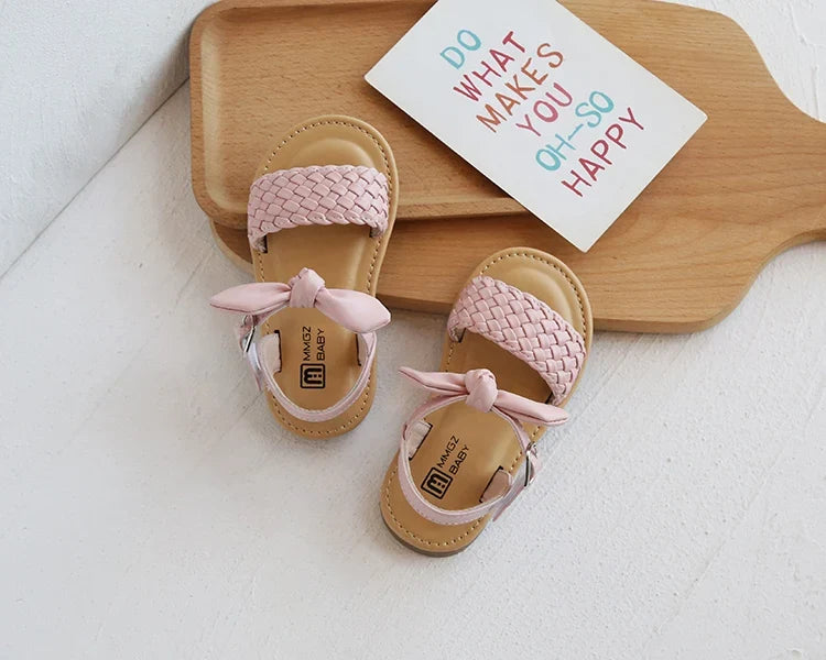 Girl Sandals Bowtie Braided Soft 21-30 Inafnt Children Sliders Bohemia Style Classic Fashion Open Toe Non-slip Kids Flats