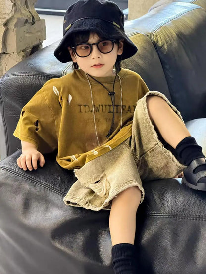 Summer Outfit New Perforated Denim Shorts Children's Clothing