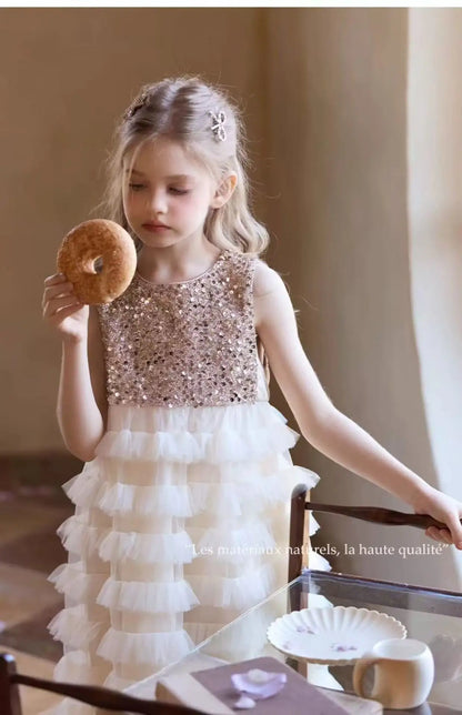 New Summer Party Dress for Kids Girls Sequined Sleeveless Mesh Cake Princess Dress Fashionable and Comfortable Skirt S4016