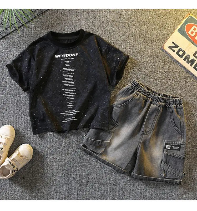 Baby Boys Summer Clothes Fashion Crew Neck Children Tracksuit Letter Printed T-shirt Denim Shorts 2pcs Suit Kids Outfit 2-11Y