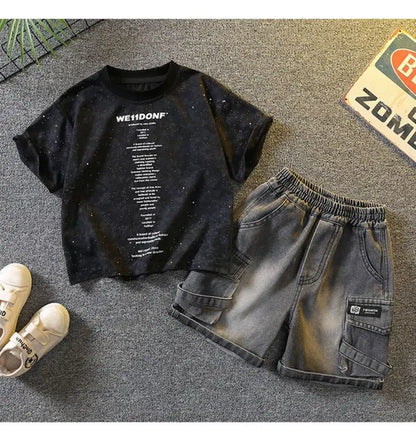 Baby Boys Summer Clothes Fashion Crew Neck Children Tracksuit Letter Printed T-shirt Denim Shorts 2pcs Suit Kids Outfit 2-11Y