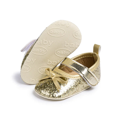 Gold Tie Cute Bow Flower Baby Princess Shoes Wedding Birthday Party Non-Slip Soft Sole Baby Toddler Shoes