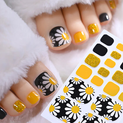 22tips/Sheet Baking Free Daisy Flower Toenail Sticker Full Cover Toe Nail Wraps Glitter Toenail Polish Strips DIY Foot Decals