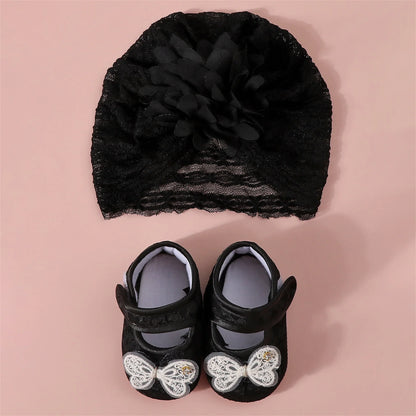 Baby Girls Princess Shoes and Turban Hat Set Bow Decor Lace Soft Non-slip Bottom First Walking Shoes