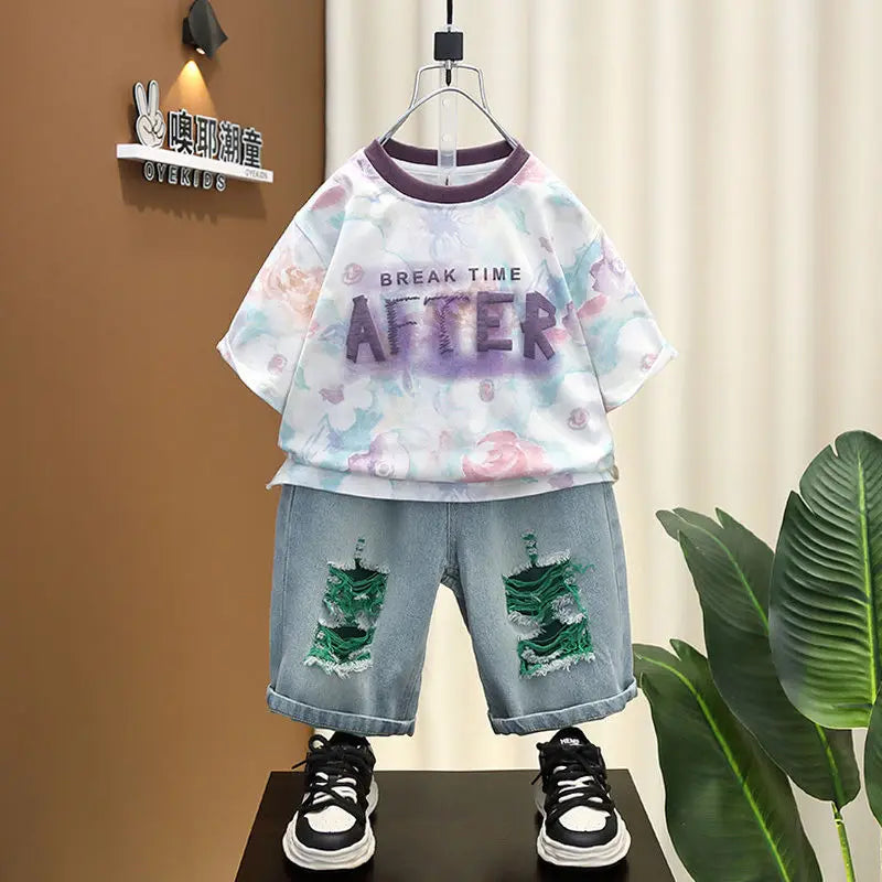 Korean Boys Summer Children's Top and Bottom 2PC Sets Short Sleeve T-Shirt & Denim Shorts Kids Clothes 1-7 Years Black Toddler