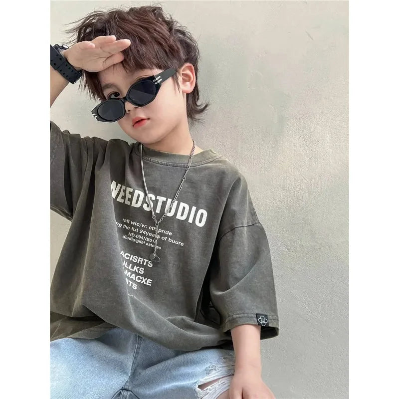 Pure Cotton Children's Short Sleeved Simple Trendy Letters Faded and Worn Half Sleeved T-shirts Boys Girls Stylish