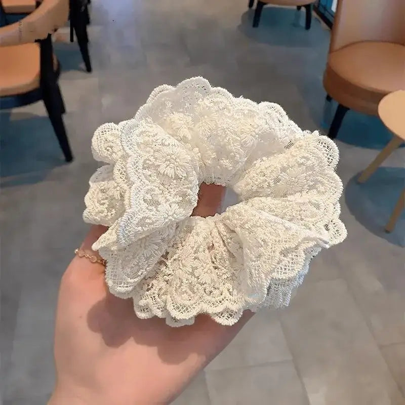 Lace Scrunchies for Women Elastic Hair Bands Ponytail Holders Tie Solid Color Hair Hoop Scrunchy Rubber Bands Women Hair Ring