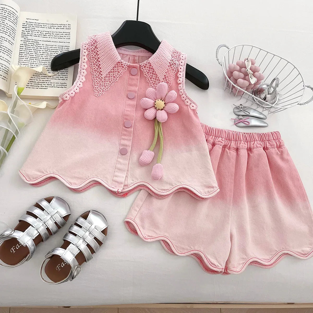 Baby Girls' Denim Suit Summer New Lace Vest Top Shorts Pants Casual and Fashion Kids Outwear Two-piece Set