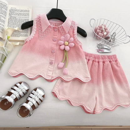 Baby Girls' Denim Suit Summer New Lace Vest Top Shorts Pants Casual and Fashion Kids Outwear Two-piece Set