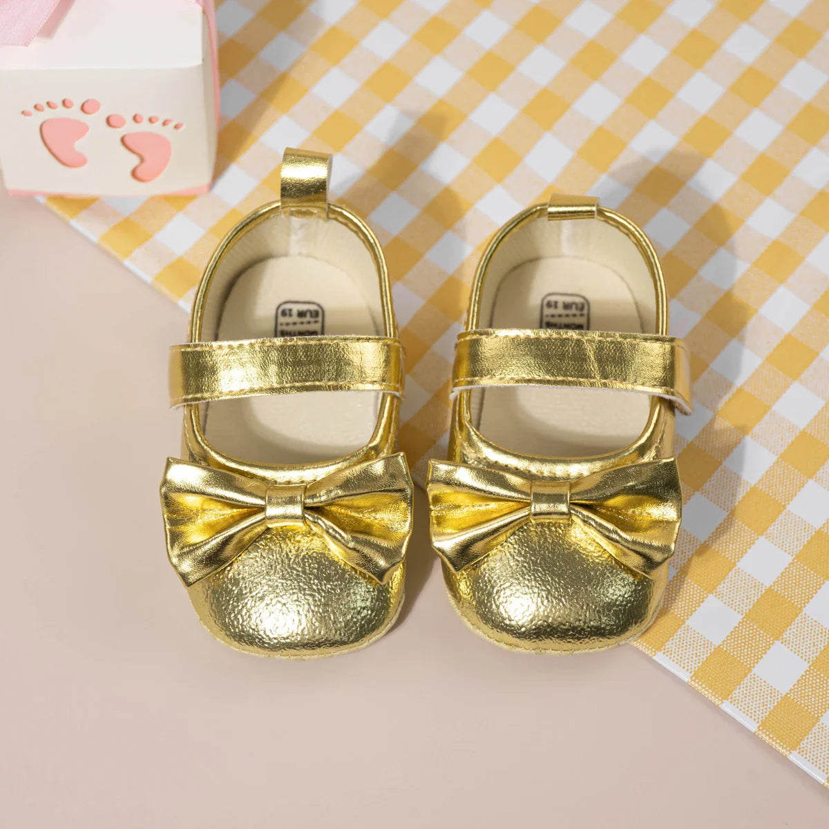Gold Tie Cute Bow Flower Baby Princess Shoes Wedding Birthday Party Non-Slip Soft Sole Baby Toddler Shoes