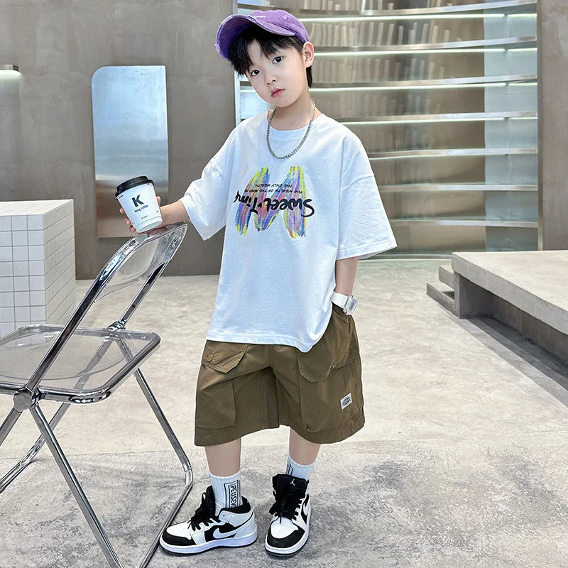 Clothing Sets Big Children Short-sleeved Top+Shorts Suits Teenager T-shirt Loose Sports 2Pcs Outfits