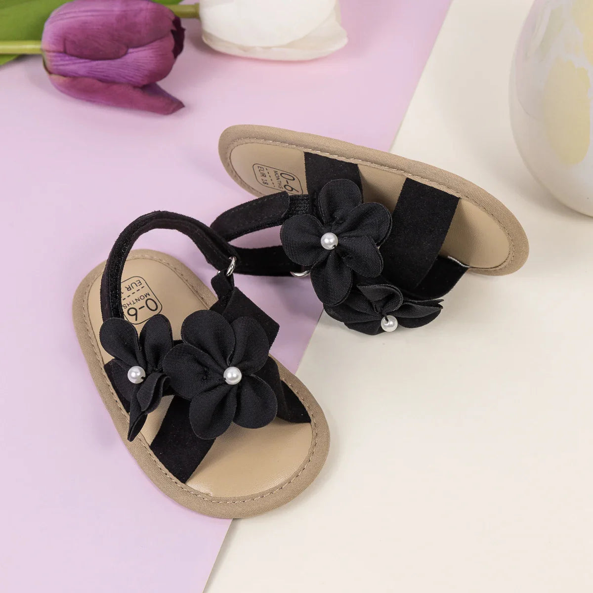 Baby Girls Shoes Flowers With Pearls Summer Cool Princess Sandals Lightweight Comfortable Soft Anti-slip Flat Sole