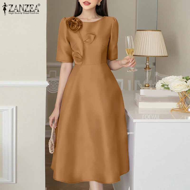 Woman Party Dresses Shiny Satin Round Neck Short Sleeve Fabric Flower A-line Robes Femme Fashion Midi Vestidos