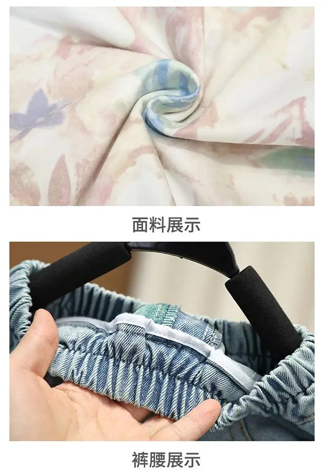 New Children's Printed Thin T-shirt+ hole Denim Shorts Teenager Boys Summer Fashion outfits