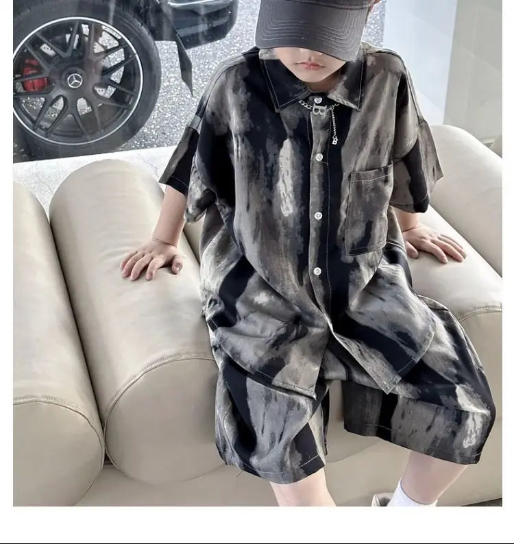 Boys Fashion Summer Tye-die Short Sleeve Shirts+Pants 2pcs Suits Years Kids Trend Streetwear Oufits Sets Children Clothing