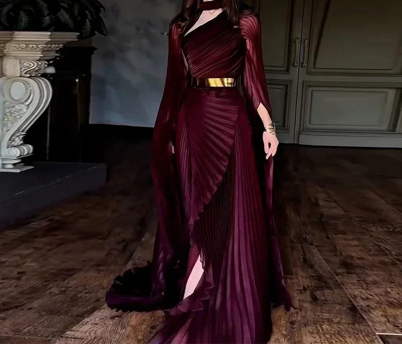Elegant Party Dress for Women Temperament Fashion  Fall Winter New Batwing Sleeve Shawl Split Vestidos Evening Long Dresses