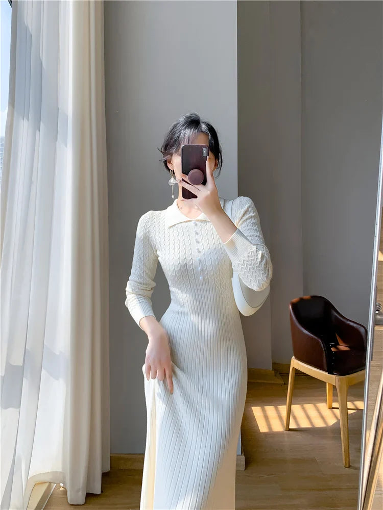 Sweater Dress Women New  Autumn Winter Purple White Or Black High Waist A Line Dress Elegant Long Knitted Dress