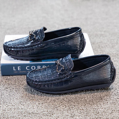 Boys Leather Shoes Round-toe Flat Soft Kids Fashion Casual Loafers Glossy Metal Buckle Children Moccasins Non-slip Britain Style