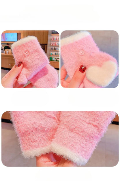 Winter Plush Knitted Cartoon Rabbit Flexible Flip-top Gloves Thicken Warm Cute Gloves For Baby Girls Half Finger Children Gloves