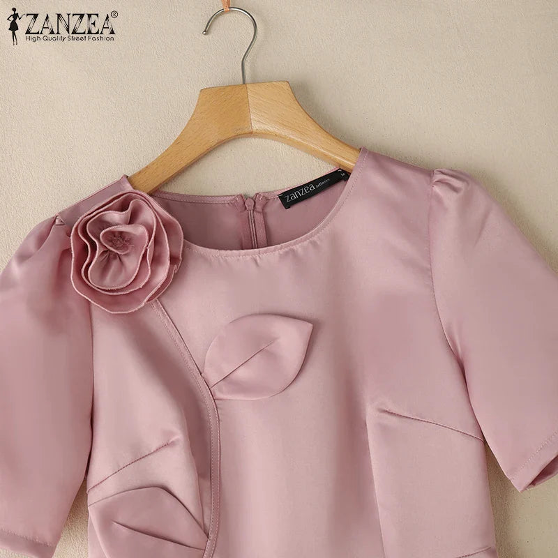 Woman Party Dresses Shiny Satin Round Neck Short Sleeve Fabric Flower A-line Robes Femme Fashion Midi Vestidos