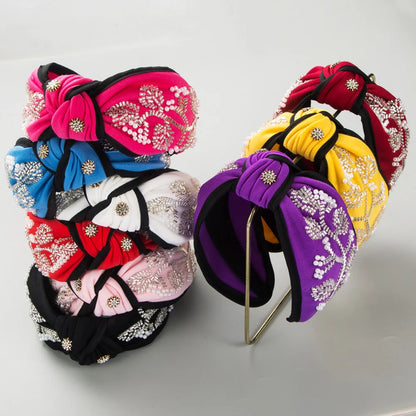 Fashion New Style Wide Brim Knotted Hairband Hand-Stitched Glass Flower Banquet