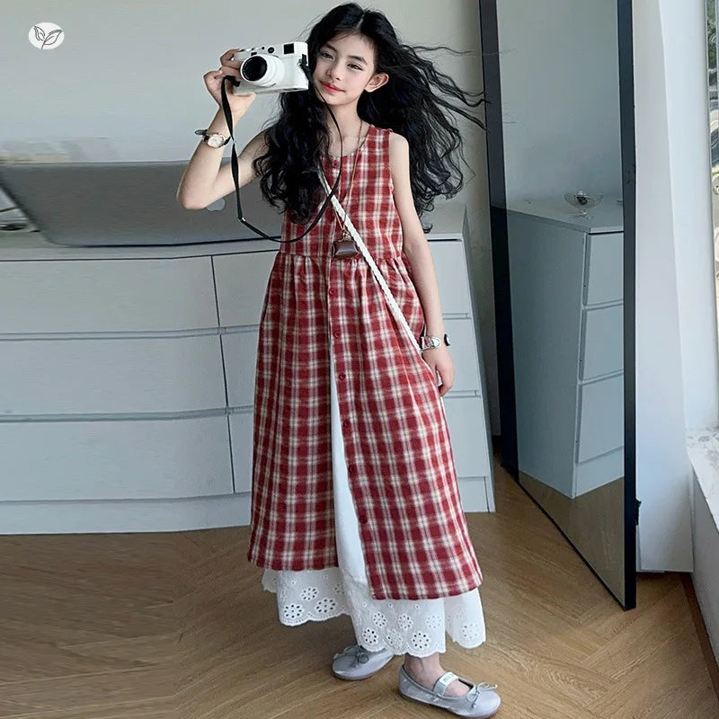 Summer Girls Retro Red Plaid Vest Dress 2-Piece Set Thin French Style Strappy Sundress Casual Vacation Outfit Teen Kids Clothes