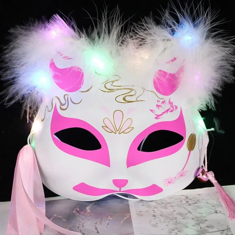 Luminous Feather Fox Mask Half Face Cat Anime Fox Mask Children Luminous Mask Eye Mask Makeup Party Role Play Props