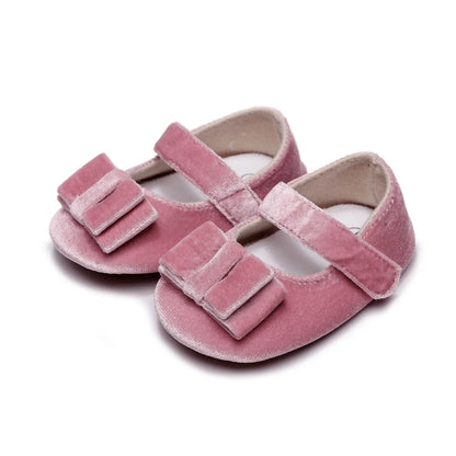 Newborn Baby Girls Mary Jane Flats Cute Bow First Walkers Velvet Non-Slip Mesh Crib Shoes Princess Dress Shoes Soft Sole Flat