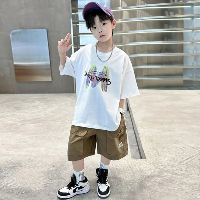 Boys Summer Clothing Sets Big Children Short-sleeved Top+Shorts Suits 2025 New Teenager T-shirt Loose Sports 2Pcs Outfits 4-14Y