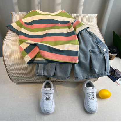 New Boys Fashion Summer Cotton Letter Printing T-shirts+Graffiti Denim Shorts 2pcs Set Kids Korean Outfits Sets Children Clothes