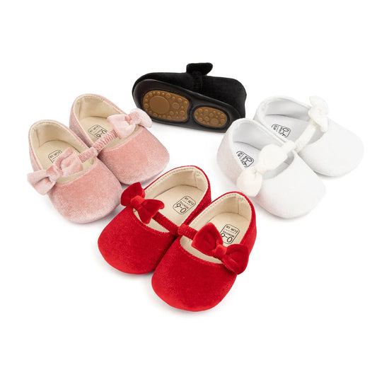 Newborn Baby Girls Mary Jane Flats Cute Bowknot Velvet Toddler Dress Shoes Lovely Princess Infant Crib Shoes for 0-18Months