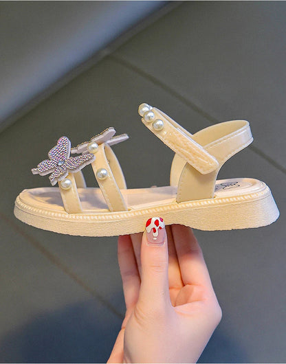 Kids' Sandals PU Leather Sequin Peep Toe Summer Outdoor Flat Shoes For Girls Breathable Anti-slip White Purple Pink