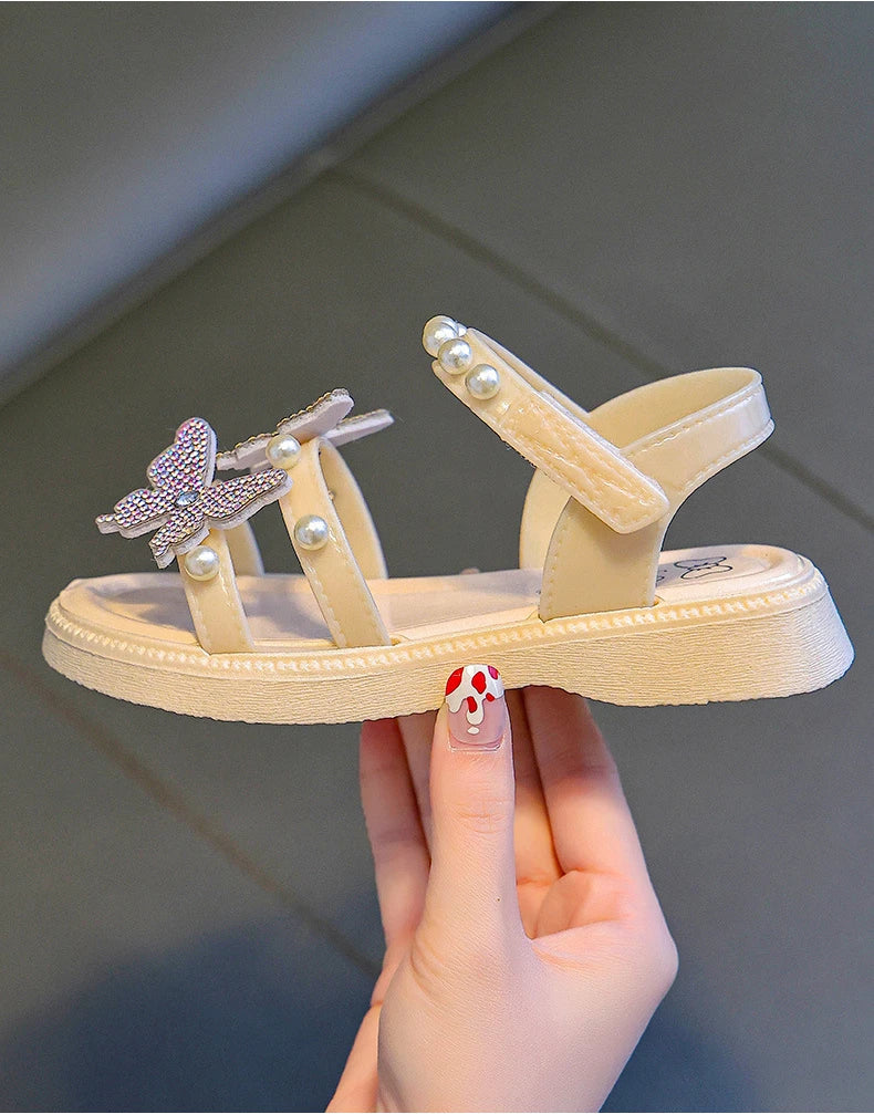 Kids' Sandals PU Leather Sequin Peep Toe Summer Outdoor Flat Shoes For Girls Breathable Anti-slip White Purple Pink